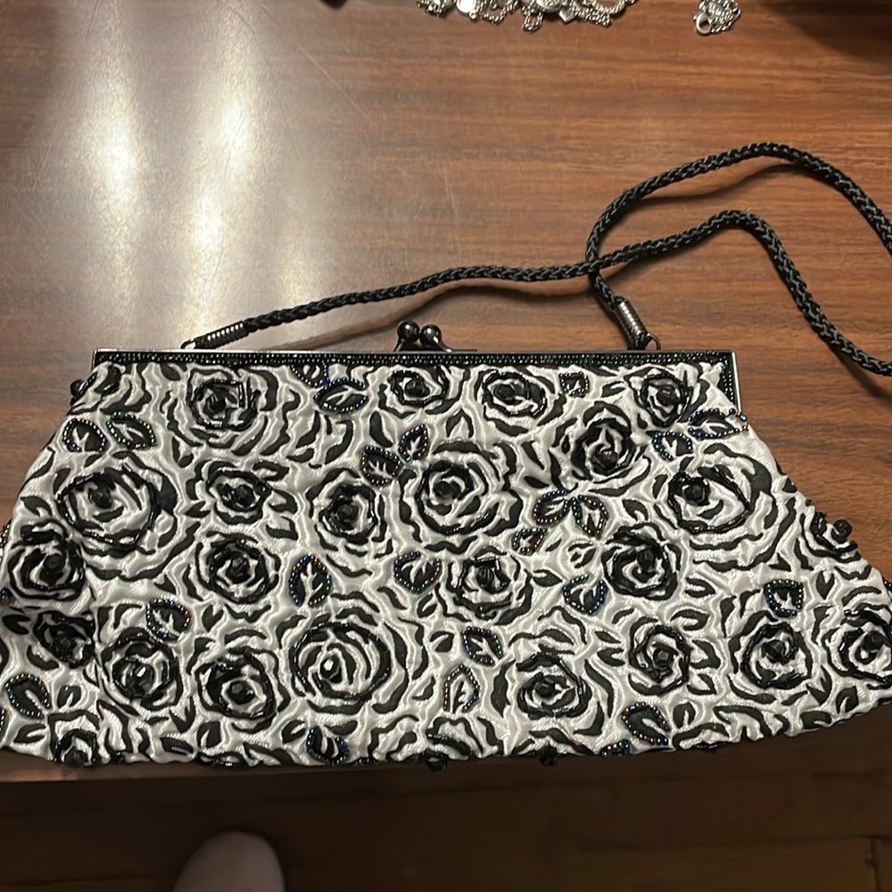 Lacome Evening Bag
Clutch White & Black Satin
Beaded Roses NWOT